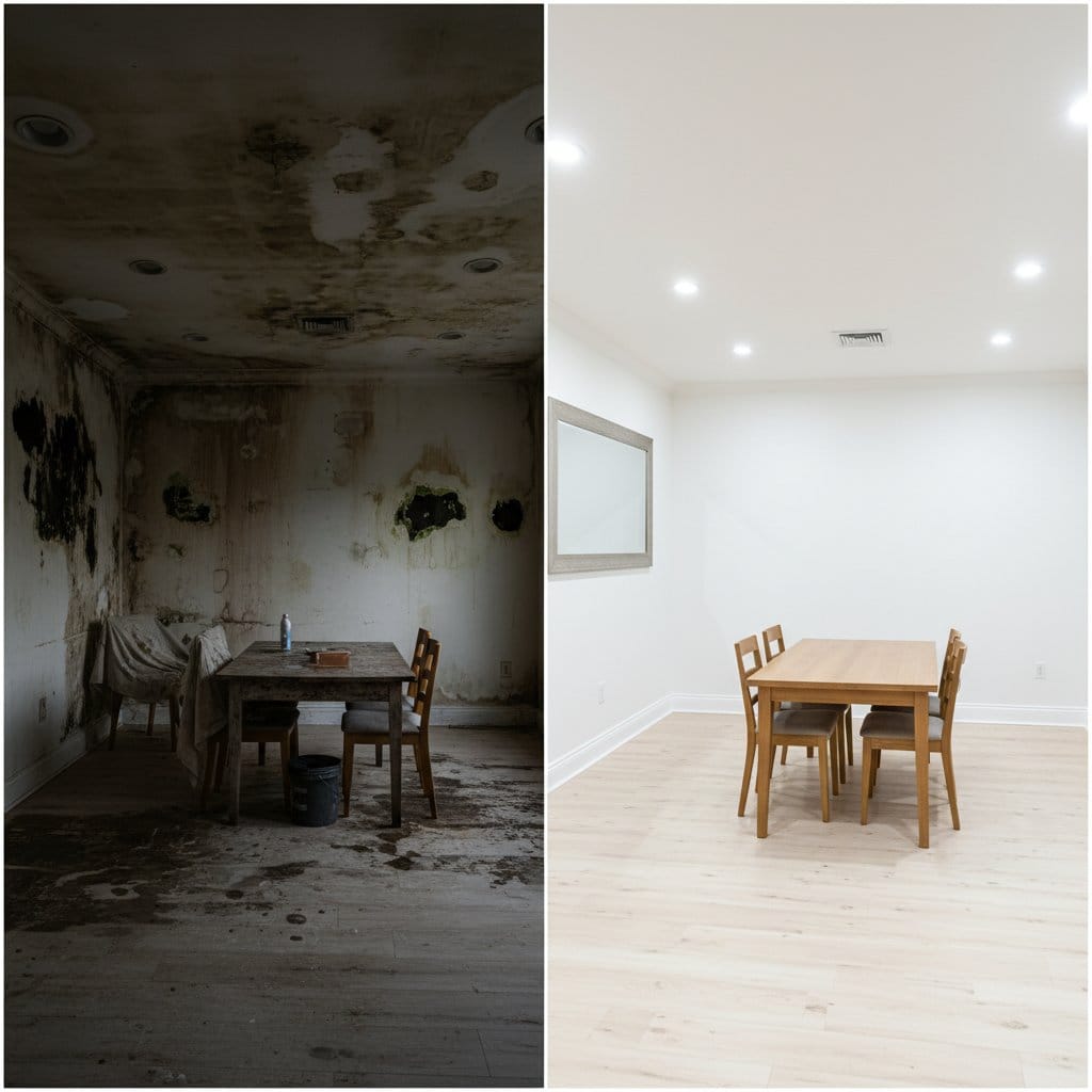Before and after odor removal & disinfection in Ho-Ho-Kus ranch-style home dining room