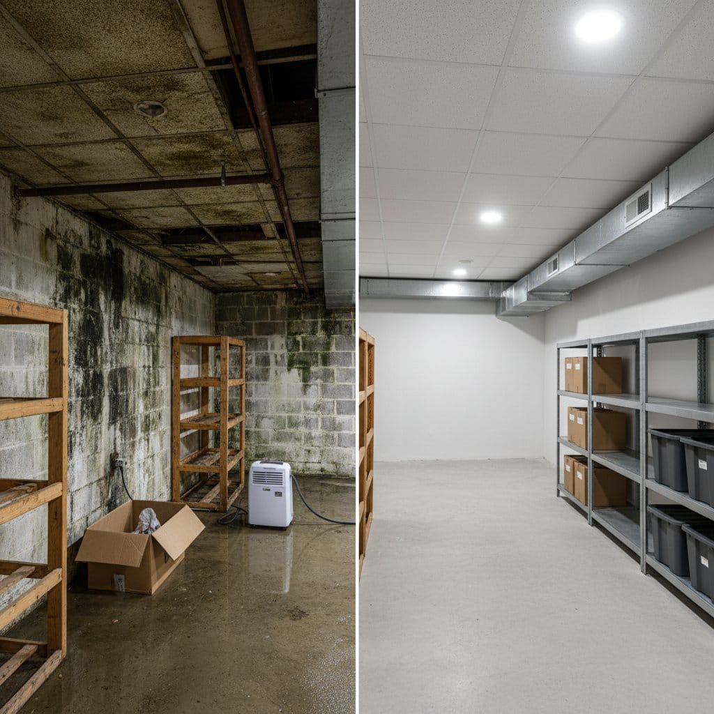 Humidity & Moisture Control Solution before and after in finished basement, Ho-Ho-Kus NJ